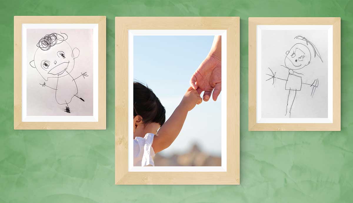 toddler holding adult's hand, with accompanying images of children's self-portrait drawings